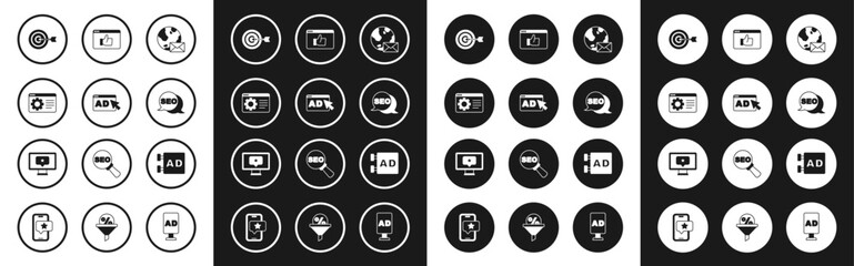 Set Earth globe with mail, Advertising, Browser setting, Target, SEO optimization, Customer product rating, and Monitor star icon. Vector