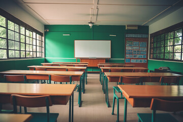 Generative ai picture collage of empty classroom with table chair for teaching seminars in high school