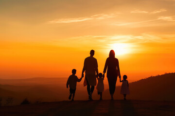 Fototapeta premium Silhouette of Parents and Kids Walking at Sunset