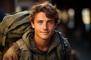 Fototapeta premium A happy young soldier returning home from the army