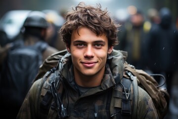 A happy young soldier returning home from the army