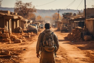 A happy young soldier returning home from the army