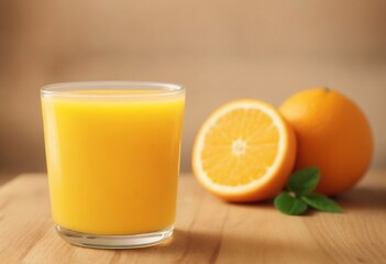 Orange fruit and glass of juice on brown wooden background, selective focus 