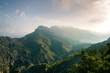 Hiking holidays Mallorca, Spain. Beautiful picture with landscape of Serra de Tramuntana mountains in the island of Majorca in Mediterranean sea. Paradise for bikers. Adventure travel.