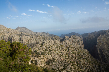 Hiking holidays Mallorca, Spain. Beautiful picture with landscape of Serra de Tramuntana mountains in the island of Majorca in Mediterranean sea. Paradise for bikers. Adventure travel.