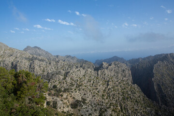 Hiking holidays Mallorca, Spain. Beautiful picture with landscape of Serra de Tramuntana mountains in the island of Majorca in Mediterranean sea. Paradise for bikers. Adventure travel.