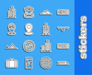 Set line Train, Travel ticket, Drone flying with action video camera, Mountains, Map pin, pointer Egypt pyramids, Suitcase for travel and and stickers icon. Vector