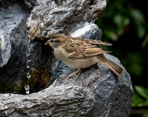 Closeup of a sparrow drinking water from a water sink in a park