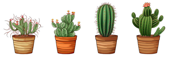 Set of 3 Cacti Plants in Pots Isolated on Transparent Background. AI Generated.