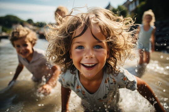 Kids are playing in the water on a sunny day. Summer vibes