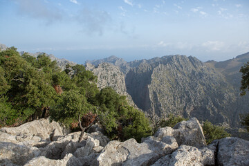 Hiking holidays Mallorca, Spain. Beautiful picture with landscape of Serra de Tramuntana mountains in the island of Majorca in Mediterranean sea. Paradise for bikers. Adventure travel.