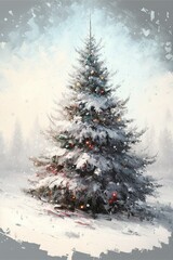 christmas tree in the snow, oil painting rendering, ai generative