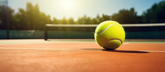 Tennis ball and racket positioned on a tennis court on a sunny day, with free space for copying - obrazy, fototapety, plakaty