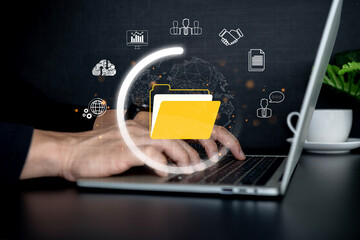 Document management system concept, Businessman working on laptop with electronic document, folder...