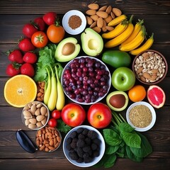 Table with food. Healthy super foods, ingredient for a breakfast, bowls with seeds, nuts and berries. Vegetarian diet concept.Generative AI