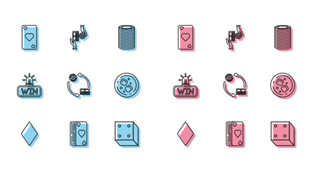 Set line Playing card with diamonds symbol, Deck of playing cards, heart, Game dice, Casino chips exchange stacks dollars, Glass whiskey and cubes, win and icon. Vector