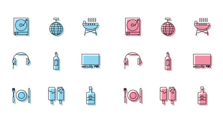 Set line Plate, fork and knife, Ice cream, Vinyl player with vinyl disk, Whiskey bottle, Bottle of wine, Video game console, Headphones and Disco ball icon. Vector