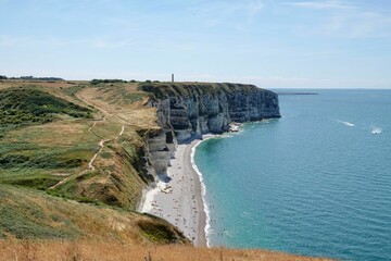 Spectacular natural cliffs Aval of Etretat and the beautiful famous coastline, Normandy