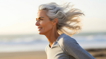 Fototapeta na wymiar Active Middle-Aged Woman Enjoying Beach Jogging, Portrait