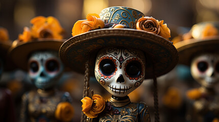 Eerie Group of Skeletons Wearing Hats and Holding Flowers