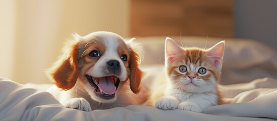 A cute King Charles Spaniel puppy hugging a kitten who is lying under a blanket and smiling. There is