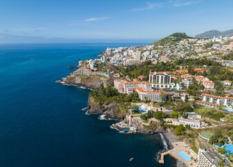 Aerial view of a luxury resort and beach in Funchal, Madeira Island, Portugal