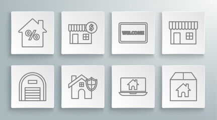 Set line Warehouse, House with dollar symbol, shield, Laptop and smart home, Cardboard box, Doormat the text Welcome, Shopping building market store and percant discount tag icon. Vector
