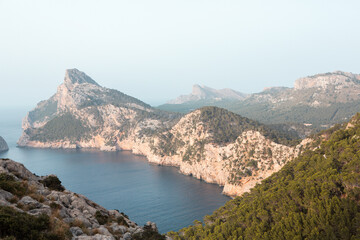 Hiking holidays Mallorca, Spain. Beautiful picture with landscape of Serra de Tramuntana mountains in the island of Majorca in Mediterranean sea. Paradise for bikers. Adventure travel.