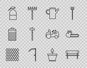 Set line Garden fence wooden, Bench, Watering can, Scythe, sprayer, Hammer, Plant pot and Chainsaw icon. Vector