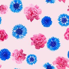 Seamless pattern of pink peony and blue cornflower flowers on light rosy background