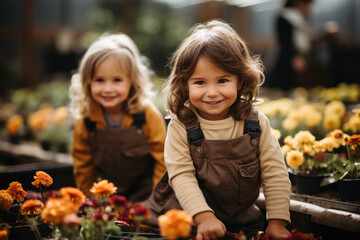 Two little girls in cute gardening outfits are playing and laughing in the garden. Vintage style