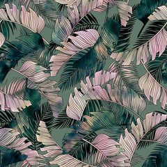 Tropical leaf seamless pattern. Colorful vivid print with beautiful palm jungle leaves. Repeated luxury design for packaging, cosmetic, fashion, textile, wallpaper. Realistic high quality illustration