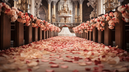 A captivating special angle commercial shot of an Aisle Runner leading the way to the altar. The shot captures the path strewn with rose petals or delicate patterns