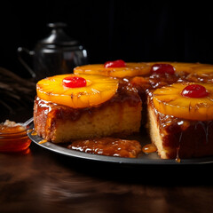 A captivating special angle commercial shot of a slice of Pineapple Upside-Down Cake, capturing the caramelized pineapple rings and the moist cake beneath