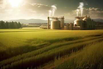 Fototapeta na wymiar rice fields and industrial factory smoke