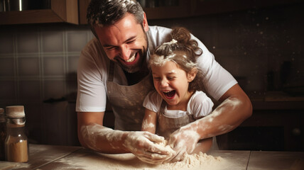 dad and daughter making dough in the kitchen laughing - obrazy, fototapety, plakaty