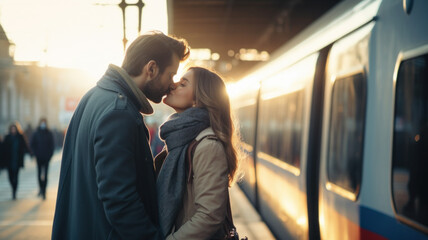 man and woman couple kissing with love in train station. romantic scene - Powered by Adobe