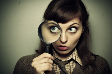 detective private woman investigating and looking through magnifying glass - obrazy, fototapety, plakaty