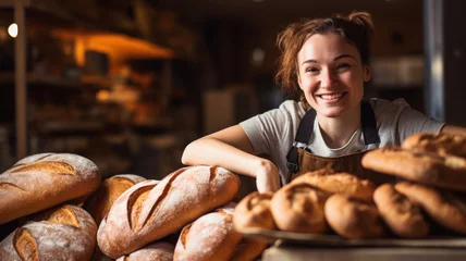 Gordijnen baker woman smiling in bakery shop with breads © mimadeo