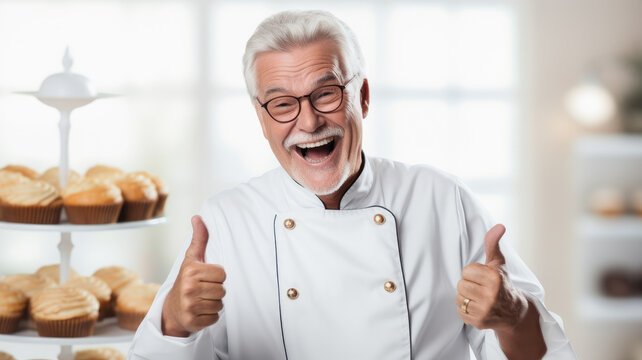 senior chef baker in cake shop happy with thumbs up