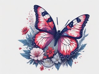 Fototapeta na wymiar 4th of july water color butterfly with flower