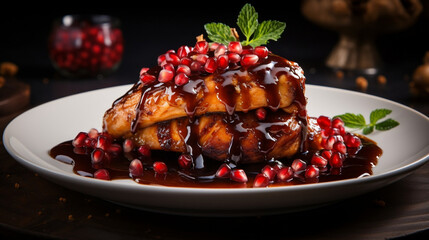 A succulent special angle commercial shot of a perfectly glazed Pomegranate Glazed Chicken, highlighting the glossy, deep-red glaze and the tender chicken