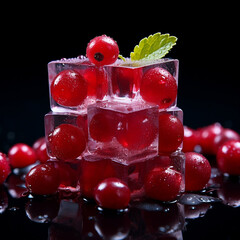 A tangy special angle shot of an ice cube and a cluster of ripe Cranberries, highlighting the deep red color and the tartness of the berries