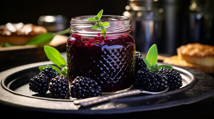 A tempting special angle commercial shot of a jar of homemade Blackberry Jam, highlighting the deep purple color and the spreadable texture
