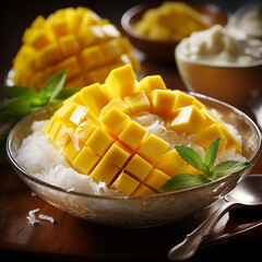 A tropical special angle commercial shot of a bowl of Mango Sticky Rice, showcasing the vibrant yellow mango slices, sticky rice, and drizzle of sweet coconut sauce