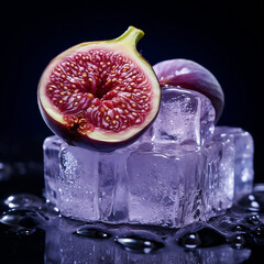 A unique special angle shot of an ice cube and a slice of ripe Fig, capturing the soft texture and the rich purple color of the fruit