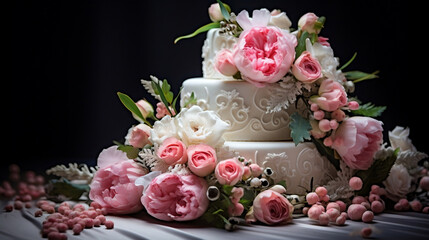 An artistic special angle commercial shot of a splendid Wedding Cake, adorned with intricate fondant details and fresh blooms