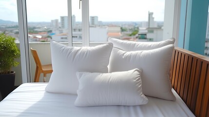 Bed maid-up with clean white pillows and bed sheets in beauty room. Close-up. Lens flair in sunlight,image ai generate