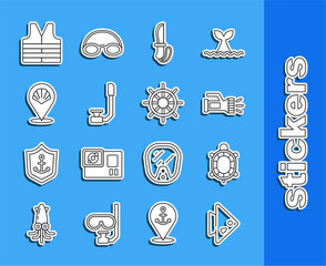 Set line Fish, Turtle, Flashlight, Knife, Snorkel, Scallop sea shell, Life jacket and Ship steering wheel icon. Vector