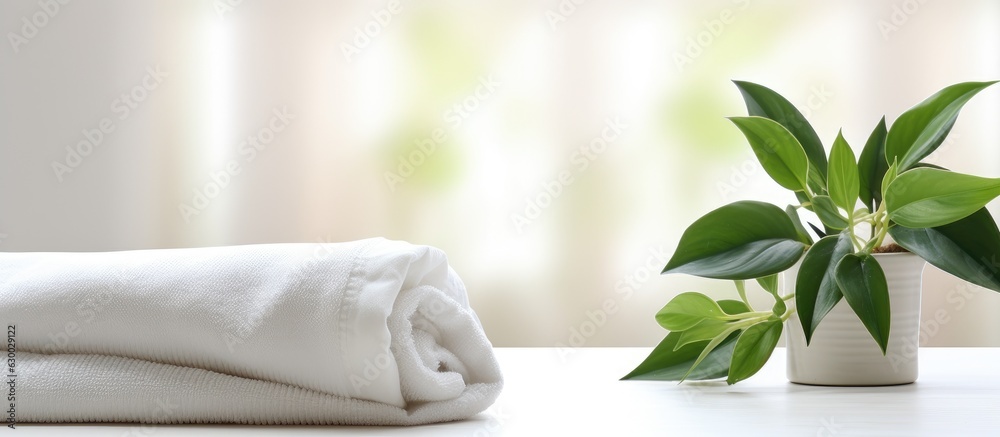 Aufkleber the white towel and houseplant are on a white table, with available space for copying